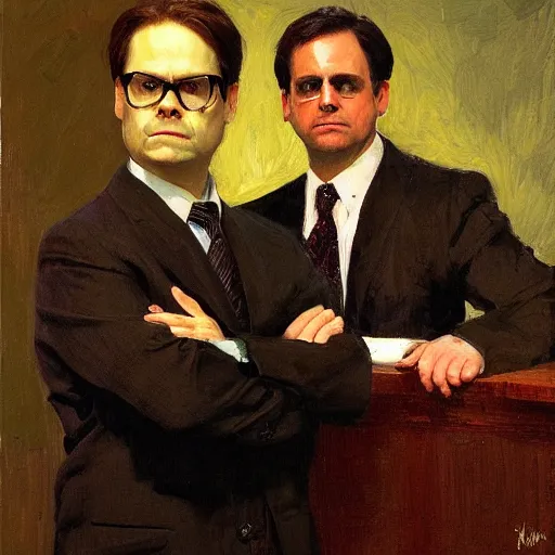 Image similar to dwight schrute and michael scott portrait by ilya repin