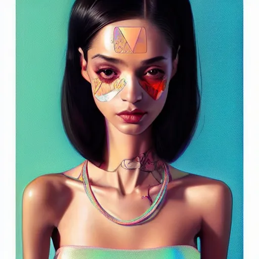 Image similar to a beautiful skinny latina wearing fashionable dress with head tilted back, focus close on eyes realistic skin texture, eighties holographic art by ilya kuvshinov lois van baarle ross tran range murata artgerm katsuhiro otomo norman rockwell, highly detailed intricately sharp focus, bedroom eyes trending on pinterest vogue italia unreal engine 5, 4 k uhd image