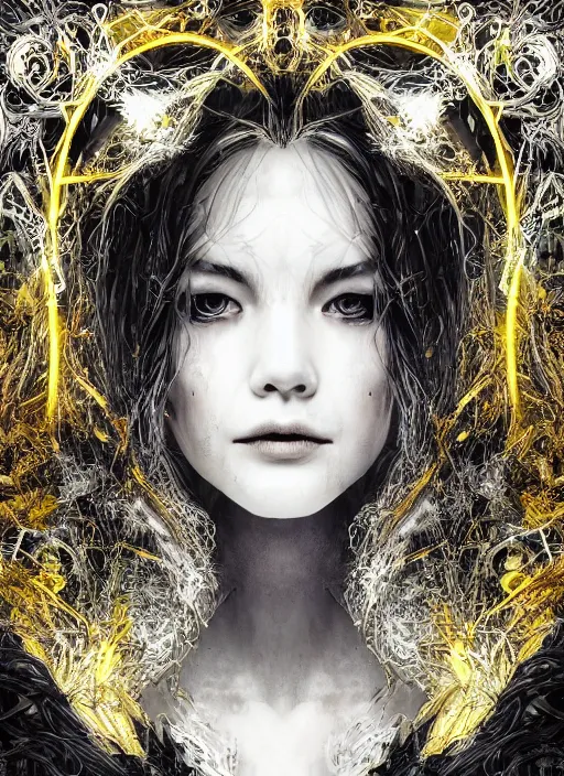 Image similar to glowing silver and golden elements, full close-up portrait, A beautiful dark witch in front of the full big moon, book cover, green forest, red white black colors, establishing shot, extremly high detail, foto realistic, cinematic lighting, pen and ink, intricate line drawings, by Yoshitaka Amano, Ruan Jia, Kentaro Miura, Artgerm, post processed, concept art, artstation, matte painting, style by eddie, raphael lacoste, alex ross