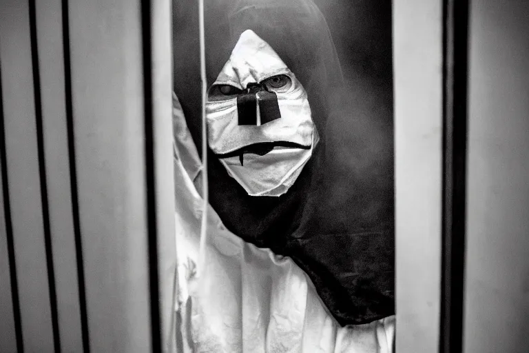 Image similar to a cinematic portrait of a prisoner dressed in a a black and white striped hazmat suit in a small prison cell, fog storm, annie leibovitz and zack snyder, 8 k, hd, high resolution, 8 5 mm, f / 1. 8