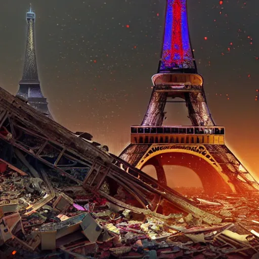 Image similar to A beautiful intricate 8K award-winning ground-level cinematic movie photograph of the future rusting rubble of the fallen and decimated Eiffel Tower, lying in pieces on the ground, surrounded by neon and collapsing corporate video billboard displays. in the year 2050, by Bruno Delbonnel and greg rutkowski. octane render, Arri Alexa 65. Cinematic lighting