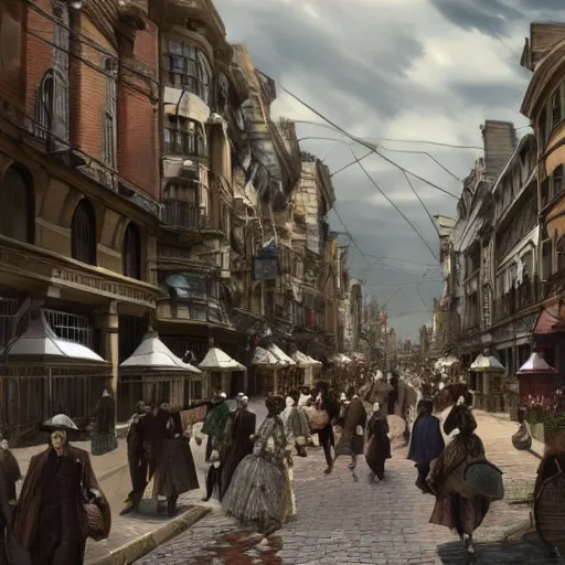 Prompt: street of victorian city, happy, a lot of people, realistic, 8 k, detailed, concept art, trending on artstation