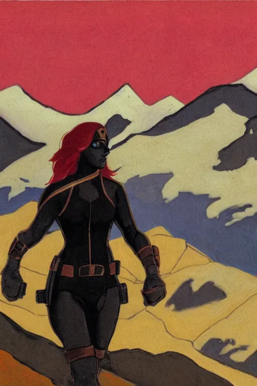 Image similar to black widow ( natasha romanova ) on mountains, marvel, artwork by nicholas roerich,