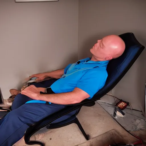 Image similar to bald firefighter asleep on a blue reclining chair