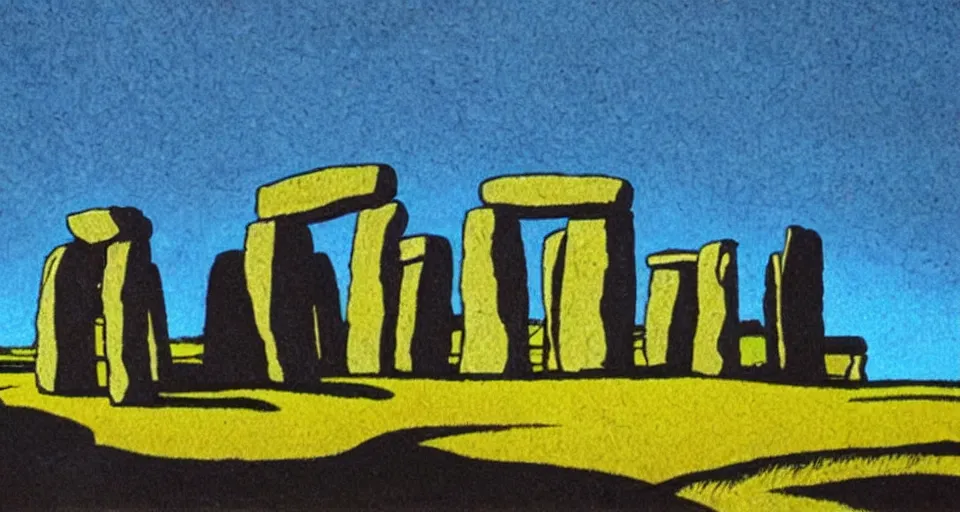 Prompt: color sketch of stonehenge, highly detailed, dramatic lighting, intense shadows, rich deep colours, by roy lichtenstein