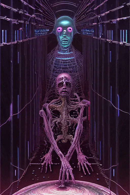 Image similar to a scifi illustration, a godlike ai awakens to the horror of its creators by thomas ligotti and wayne barlowe