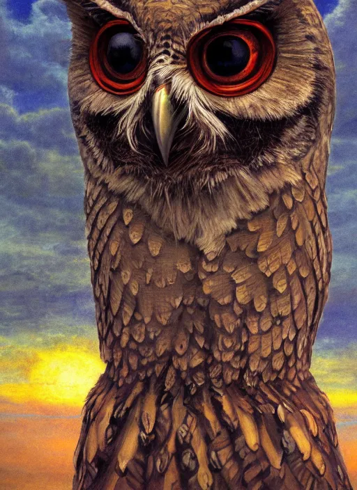 Image similar to biblical mage owl, deep gaze to the side, closeup, bright glowing veins, in clouds, sunset, portrait, by gerald brom, by mikhail vrubel, by terry richardson, by peter elson, muted colors, extreme detail, reflections, trending on artstation, 8 k