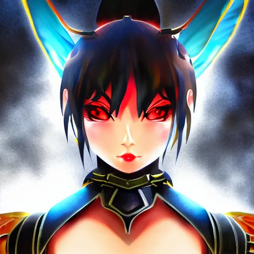 Image similar to portrait focus of a very hot!!! demon 3D anime girl, Obsidian armor wearing, dark volcano background, ash falling, bokeh, inspired by Masami Kurumada, digital painting, high contrast, unreal engine render, volumetric lighting, high détail