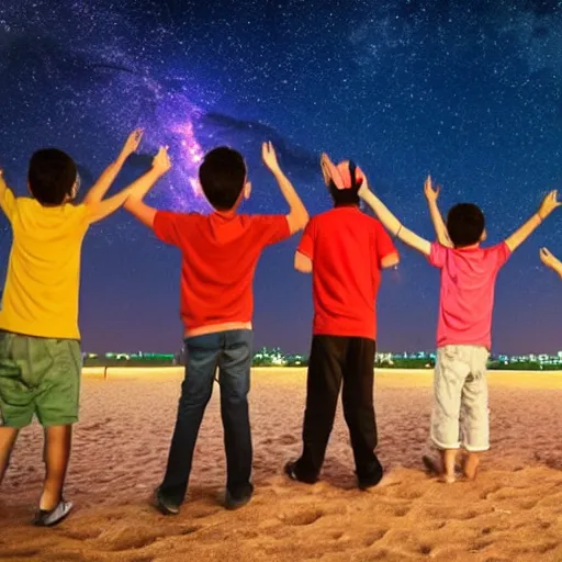 Image similar to a group of five boys enjoying in Dubai while looking at stars and milkyway detailed picture hd