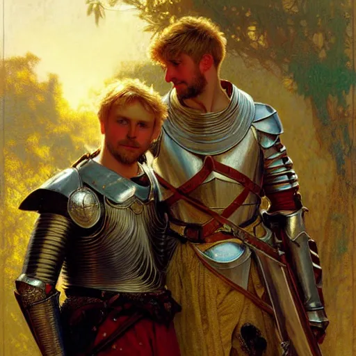 Image similar to attractive arthur pendragon and his attractive male knight, they are in love, natural lighting, path traced, highly detailed, high quality, digital painting, by gaston bussiere, craig mullins, alphonse mucha j. c. leyendecker