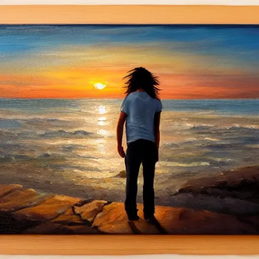 Prompt: a teen guy with mullet, portrait, sunset, ocean in distance, oil painting, pale colors, high detail, 8 k, wide angle, trending on artstation,