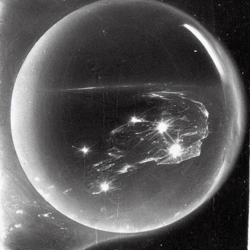 Prompt: 1820s photo from space of the Earh inside a oil bubble, damaged, NASA