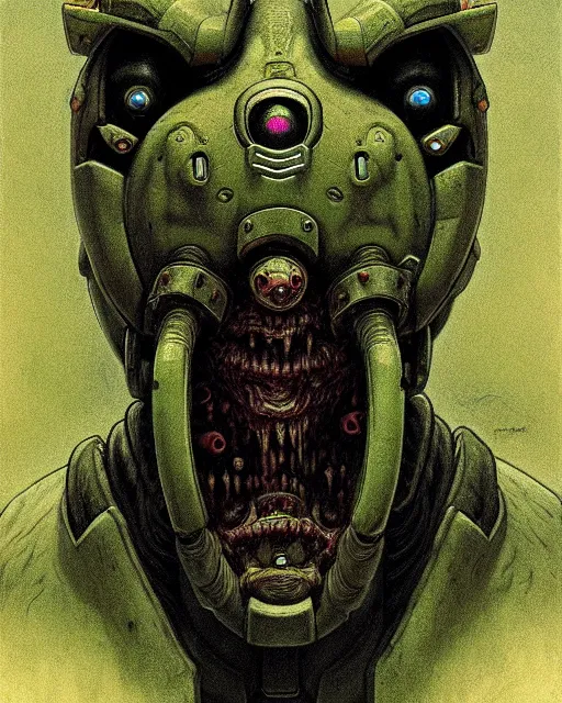 Prompt: orisa from overwatch, character portrait, portrait, close up, concept art, intricate details, highly detailed, horror poster, horror, vintage horror art, realistic, terrifying, in the style of michael whelan, beksinski, and gustave dore