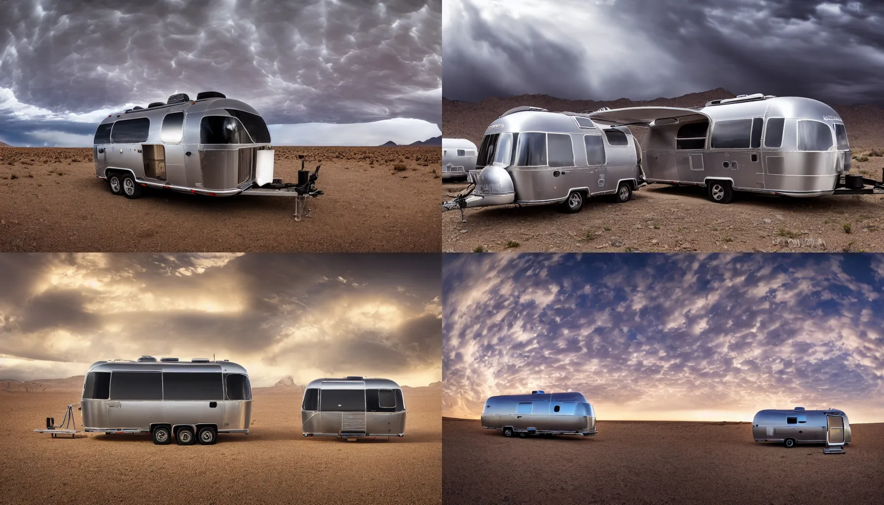 Prompt: a professional photograph of a Winnebago airstream trailer designed by Buckminster Fuller and Zaha Hadid in the desert Mammatus clouds worms eye shot, wide-angle, racking focus, extreme panoramic, Dynamic Range, HDR, chromatic aberration, Orton effect, Photo by Marc Adamus, Ryan Dyar, Ezra Stoller, and Andres Gursky