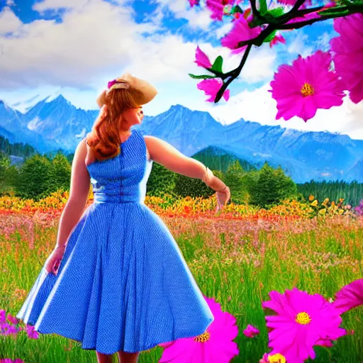 Image similar to giant alice in wonderland, pin up, houses, trees, mountains, woman, city, digital art, photo, blue dress, photoshop, flowers, collage, river