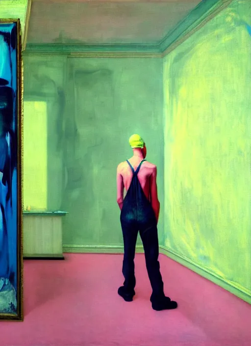 Image similar to an insane, skinny, artist wearing overalls, expressive painting the walls inside a grand messy studio, hauntingly surreal, highly detailed painting by francis bacon, edward hopper, adrian ghenie, gerhard richter, and james jean, soft light 4 k in pink, green and blue colour palette, cinematic composition,