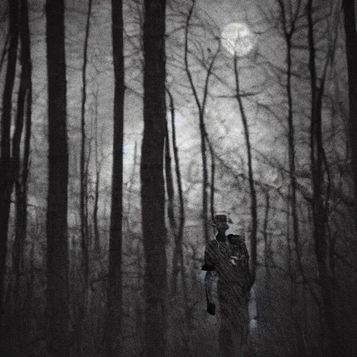 Image similar to grainy surveillance photo still of an alien in the woods at night hiding in the trees of a forest, low contrast, atmosphere, moonlight through trees