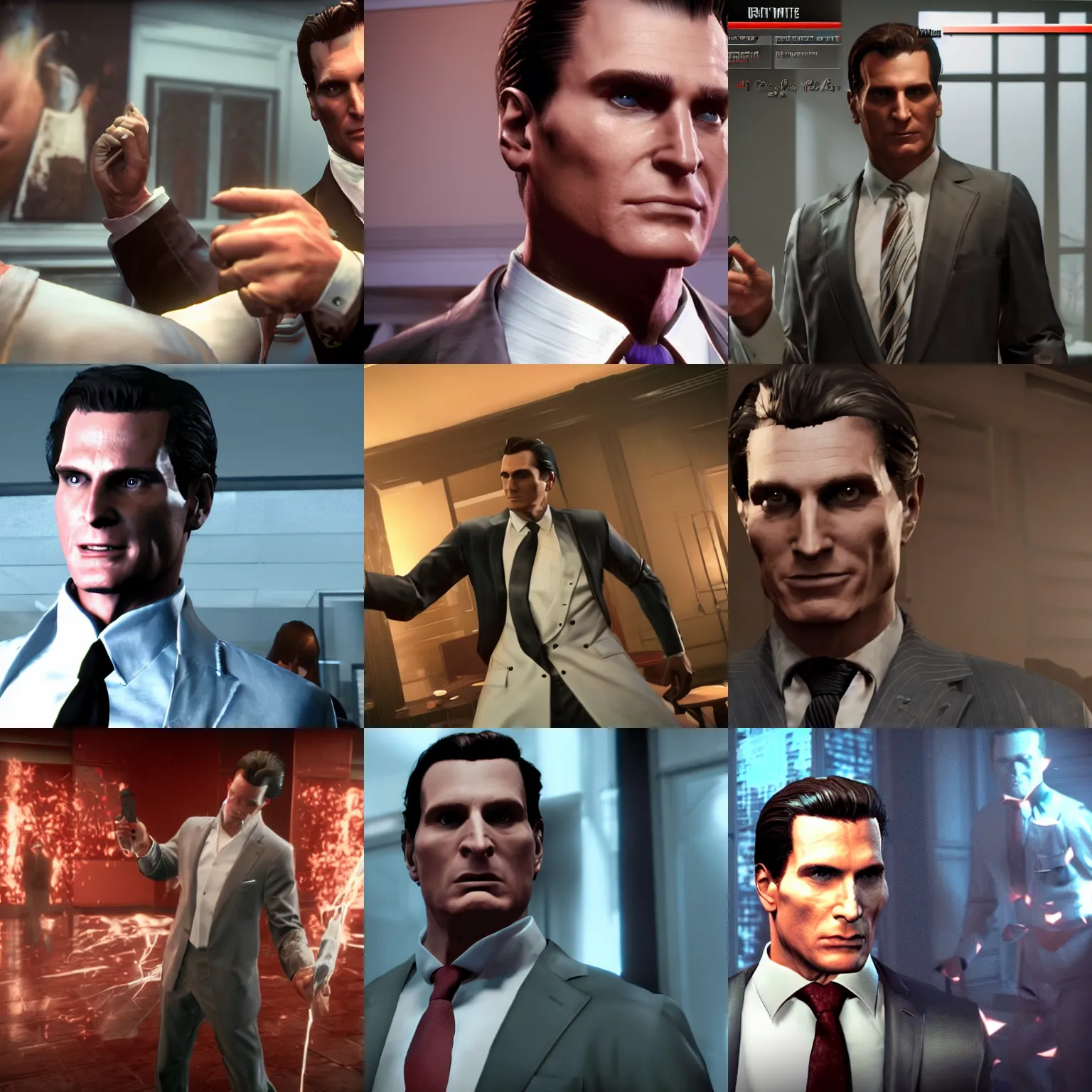 Prompt: gameplay screenshot of patrick bateman in mortal kombat 1 1,