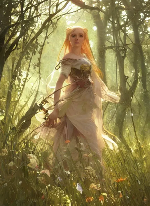 Image similar to A beautiful full portrait of a stunning young female elf on a beautiful lush forest meadow, afternoon, art by Artgerm and Greg Rutkowski and Alphonse Mucha, DAZ, hyperrealistic, ambient light, dynamic light, vray