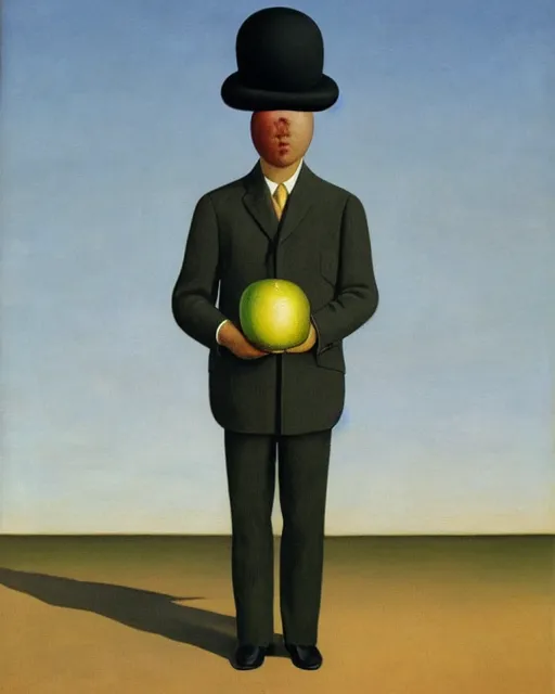 Image similar to oil painting of a man with a kiwifruit covering his face, wearing a bowler hat and overcoat, standing in front of a barren wasteland, by René Magritte