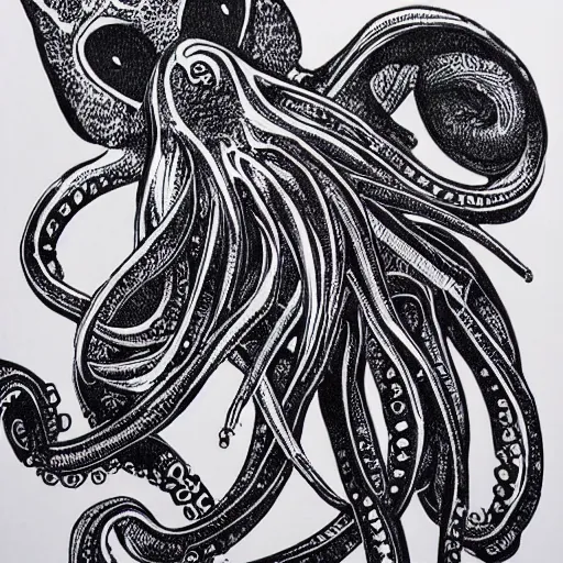 Prompt: a cross between a cat and an octopus, realistic, detailed, linocut
