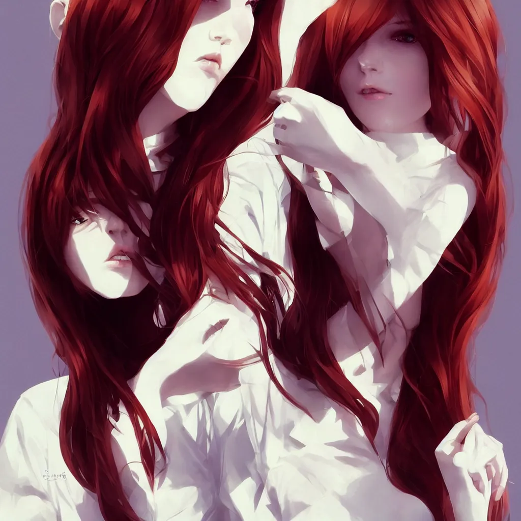 Image similar to beautiful pale vampire with auburn hair in a white turtleneck dress, on a super yacht, by guweiz and wlop and ilya kuvshinov and and moebius, artgerm, symmetrical eyes, aesthetic, gorgeous, stunning, alluring, attractive, half body portrait, artstation, deviantart, pinterest, digital art