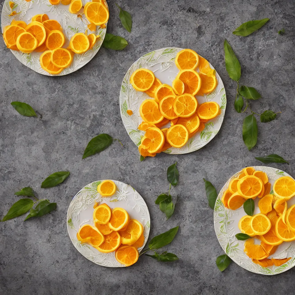 Image similar to very long circular bananas with cut orange slices and leaves, on art nouveau embroidered designer plate with flowery pattern closeup, hyper real, food photography, high quality