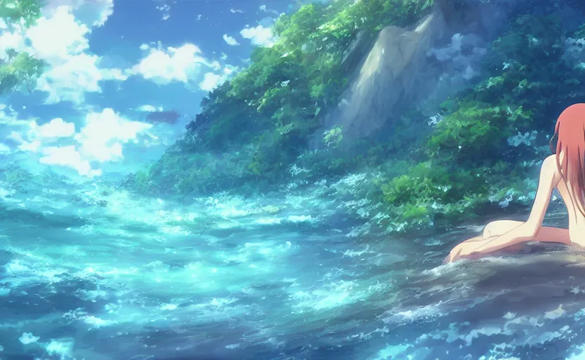 Image similar to An anime girl swimming through a tropical ocean, anime scenery by Makoto Shinkai, digital art