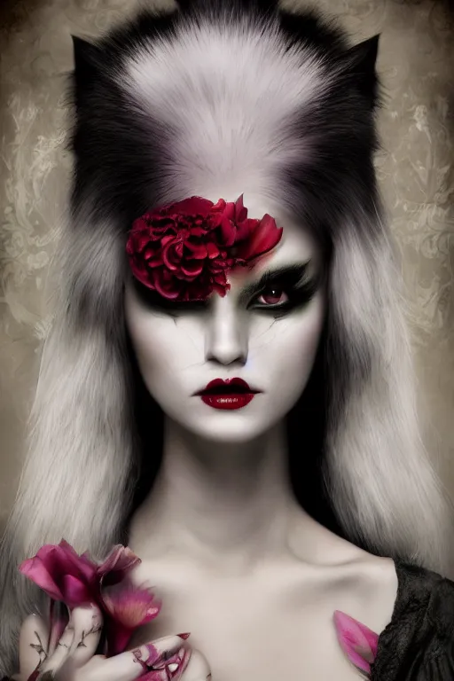 Image similar to vampire white fox, flowerpunk, painterly, by Natalie Shau