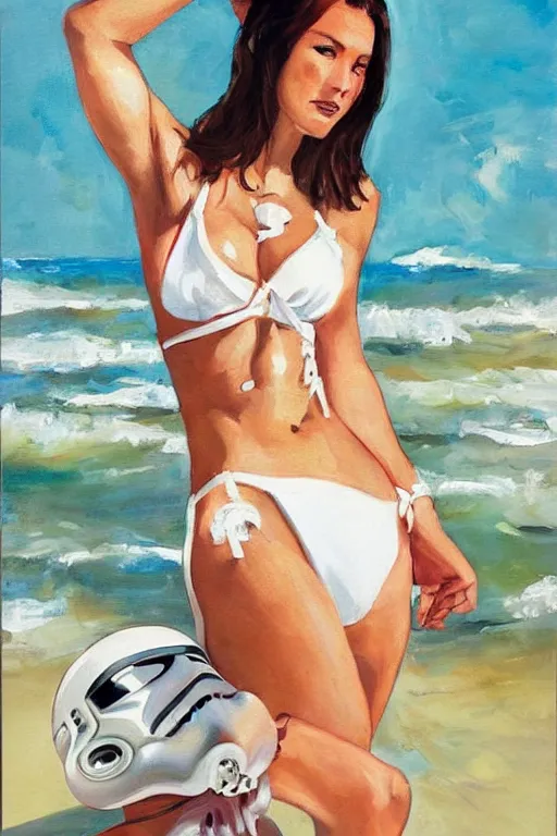 Prompt: female in white bikini with tattoos and stormtrooper helmet, well composed, clean elegant painting, beautiful detailed face. 6 0 s style advertising
