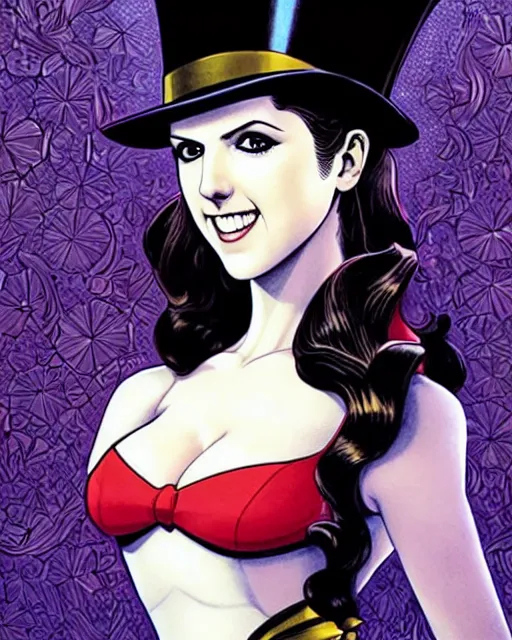 Image similar to beautiful Anna Kendrick Zatanna DC Comics floating on stage, wearing a top hat, symmetrical face symmetrical eyes, smiling, fantasy, intricate details, atmospheric, elegant, concept art, art by eiichiro oda, Joshua Middleton art