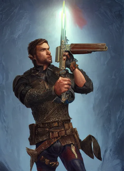 Image similar to short hair stubble male gunslinger shooter, dndbeyond, bright, realistic, dnd character portrait, full body, art by ralph horsley, dnd, rpg, lotr game design fanart by concept art, behance hd, artstation, deviantart, global illumination radiating a glowing aura global illumination ray tracing hdr render in unreal engine 5