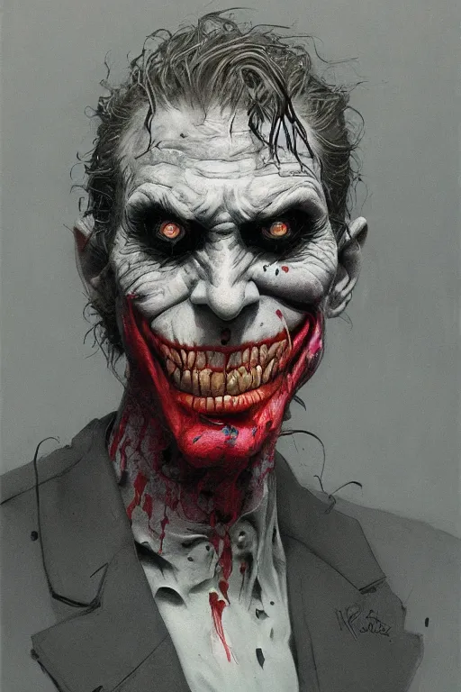 Image similar to Portrait of Joker, dc comics, dark, intricate, smooth, artstation, painted by Wayne Barlowe, Zdislav Beksinski