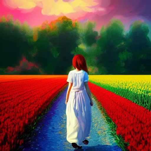 Image similar to large tulip head, girl walking in a flower field, surreal photography, sunrise dramatic light, impressionist painting, colorful clouds, digital painting, artstation, simon stalenhag, flower face