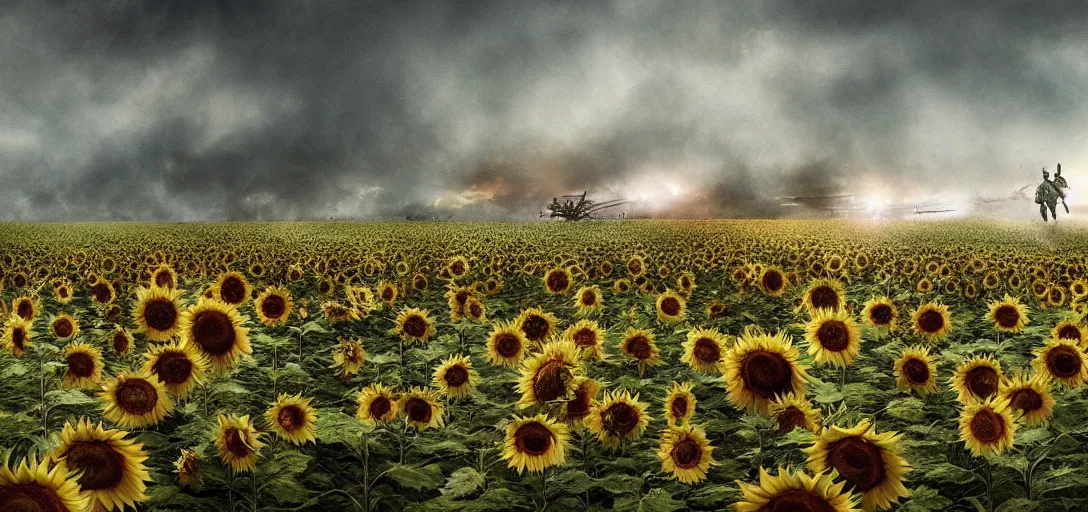 Image similar to the battle of the Somme with one single sunflower, cinematic shot, hyper realistic, hyper detailed