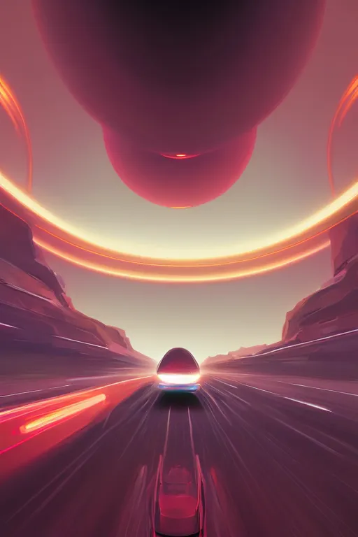 Prompt: rocket car driving on the lost highway to infinity. Spacetime. Straight highway. Digital painting. Beeple. Noah Bradley. Cyril Roland.