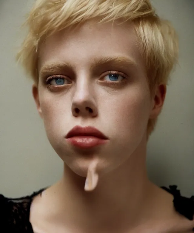 Prompt: a color photograph of edie campbell, bleached blonde short hair, by nan goldin, intense, bold, hyperrealistic, ultra sharp, extra details, ultra high quality, trending on pinteresst