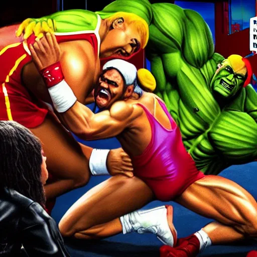 Image similar to Xavier Renegade Angel wrestling Hulk Hogan at Madison Square Garden, hyperrealistic, photorealistic, hdr, 4k, ultra hd, highly detailed, cinematic lighting