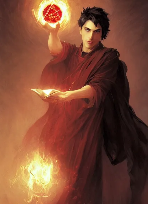 Prompt: character concept portrait of an attractive young focused Spanish wizard with pale red enchanting a flaming seduction spell, a floating burning spell book in the center, intricate, elegant, digital painting, concept art, smooth, sharp focus, illustration, from Metal Gear, by Ruan Jia and Mandy Jurgens and William-Adolphe Bouguereau, Artgerm