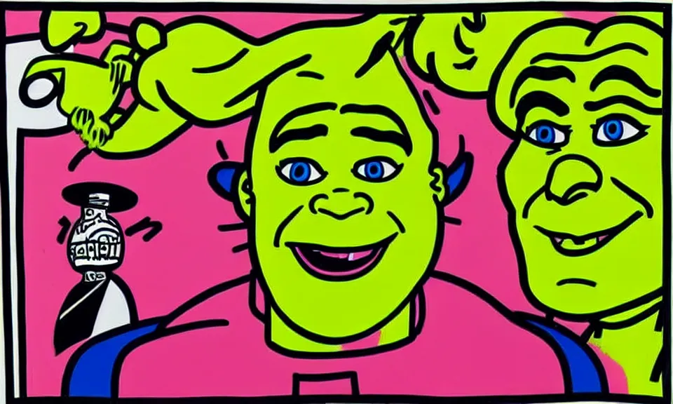 Prompt: a pop art drawing of shrek by andy warhol and roy lichtenstein and keith haring, 4 k, trending on artstation, detailed, film still