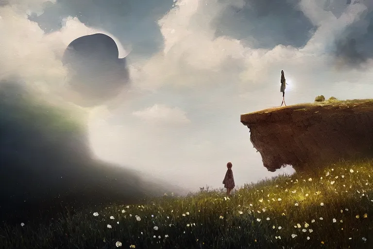 Image similar to giant white daisy flower on head, girl walking on cliff, surreal photography, solar eclipse, milky way, dramatic light, impressionist painting, clouds, digital painting, artstation, james gilleard, liam wong, jeremy mann, simon stalenhag