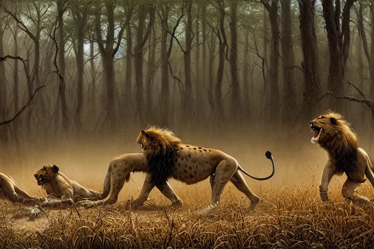 Prompt: photo, lions and hyenas having a fight, woodland location, stefan kostic and david cronenberg, realistic, sharp focus, 8 k high definition, intricate, chiaroscuro, elegant, perfect faces, symmetrical face, extremely detailed, hypnotic eyes, realistic, fantasy art, masterpiece zdzislaw beksinski, artgerm