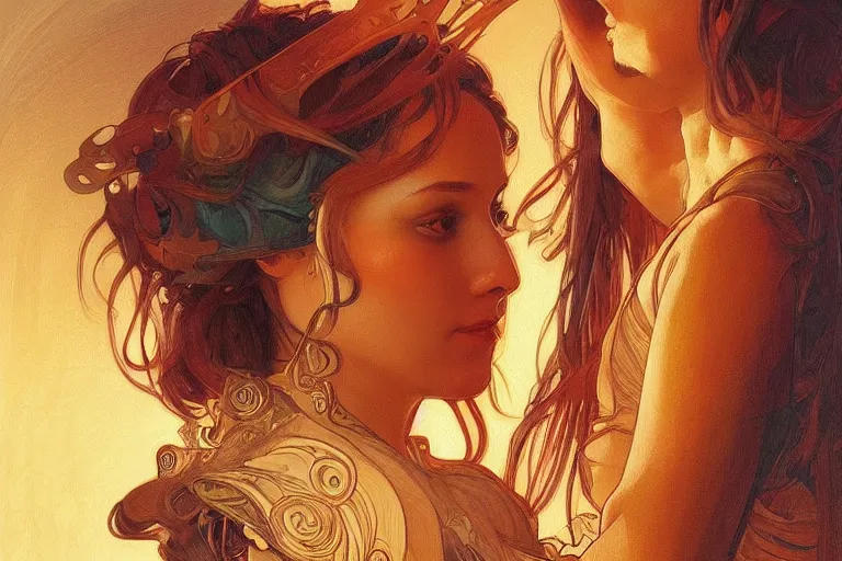 Image similar to portrait of tinfoil hat man in orange t - shirt behind his wife, feelings, romantic, fantasy, intricate, elegant, highly detailed, digital painting, artstation, concept art, smooth, sharp focus, illustration, art by artgerm and greg rutkowski and alphonse mucha