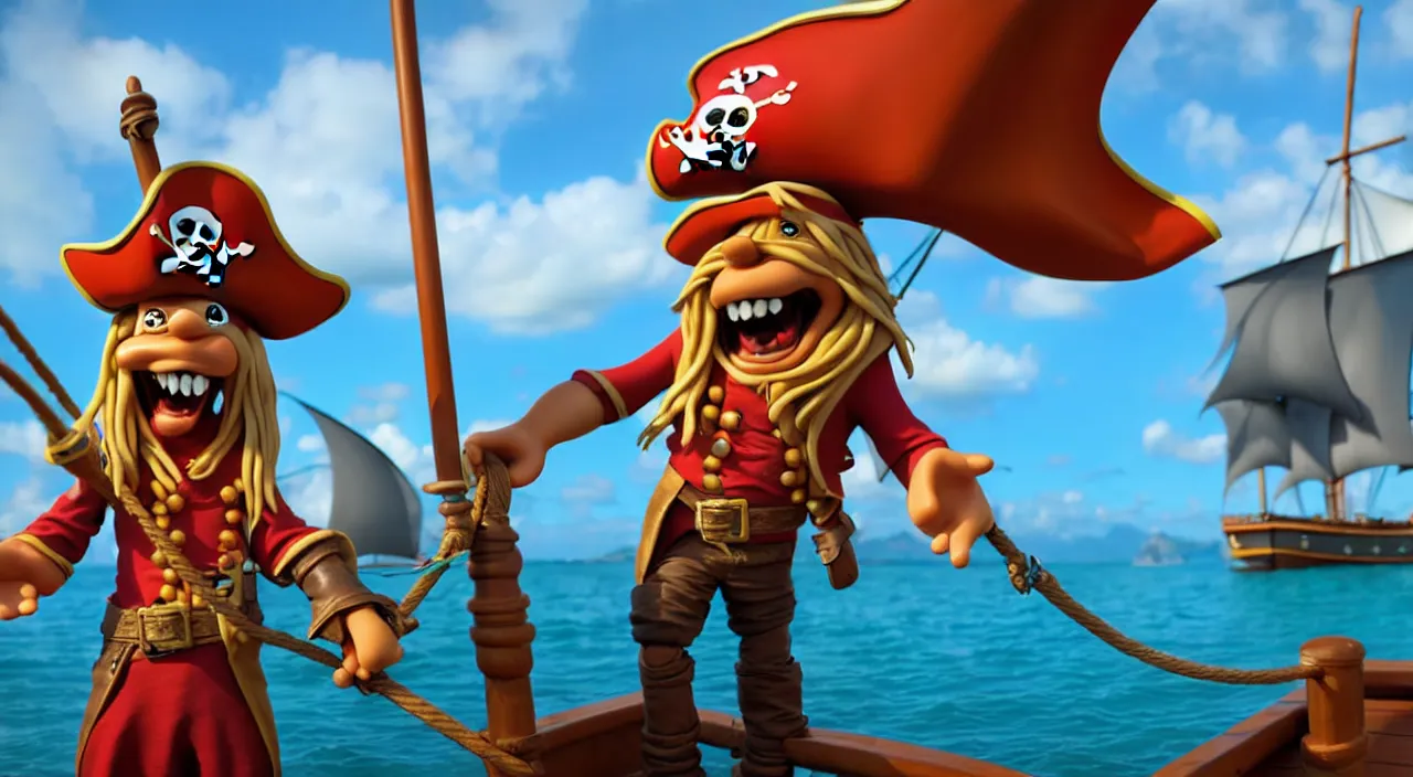 Image similar to a cartoonish pirate on a boat ready to conquer the island, highly detailed, photorealistic portrait, bright studio setting, studio lighting, crisp quality and light reflections, unreal engine 5 quality render