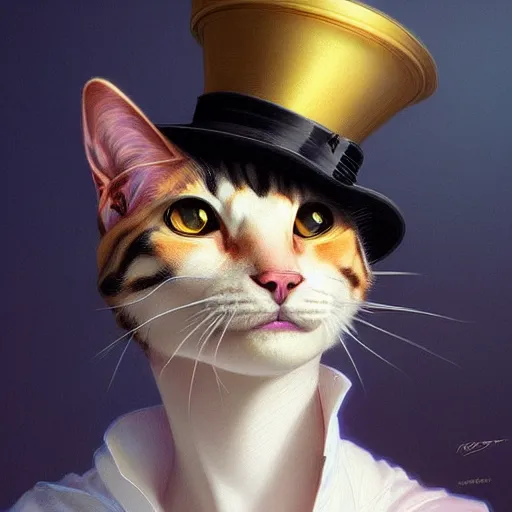 Image similar to close portrait of a fancy cat with a top hat, vaporwave, highly detailed, digital painting, artstation, concept art, smooth, sharp focus, illustration, art by artgerm and greg rutkowski and alphonse mucha