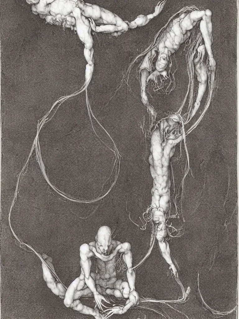 Image similar to A strange elongated boy meditating in a lotus position, upside down on a thread, like a spider. Painting by Albrecht Durer and Gustave Doré, ink on paper