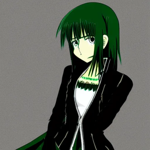 Prompt: a girl dressed in a black and green outfit in the style of Kishimoto Masashi