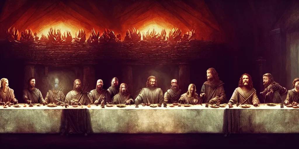 Image similar to game of thrones last supper by beeple and greg rutkowski, digital painting, trending on artstation, sharp focus, 4 k