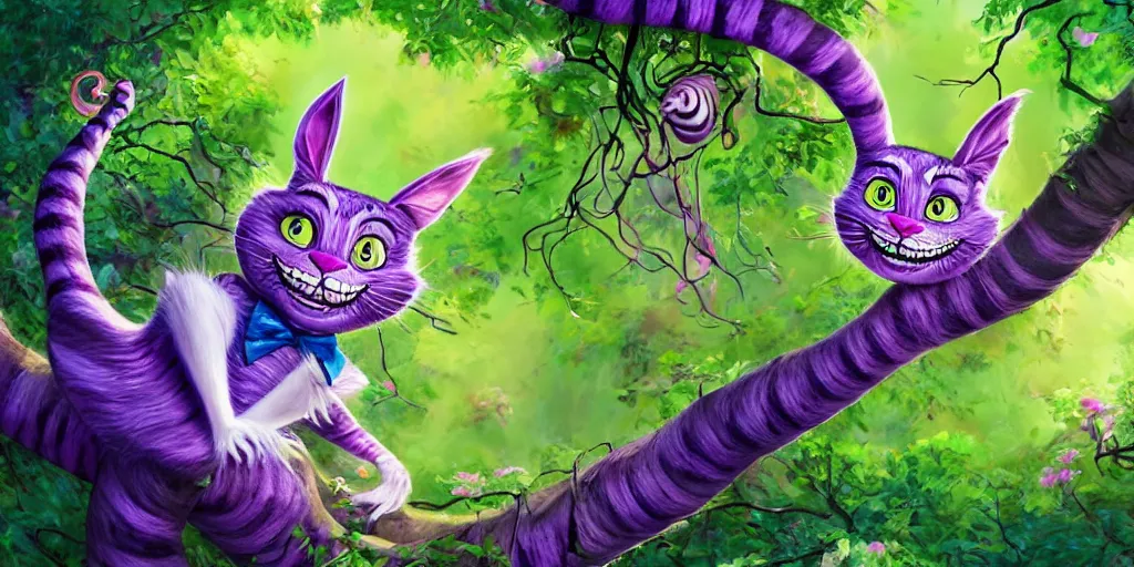 Image similar to The Cheshire Cat hanging in a tree, Alice in wonderland, colorful, wide angle, super highly detailed, professional digital painting, artstation, concept art, smooth, sharp focus, no blur, no dof, extreme illustration, Unreal Engine 5, Photorealism, HD quality, 8k resolution, cinema 4d, 3D, beautiful, cinematic, art by artgerm and greg rutkowski and alphonse mucha and loish and WLOP