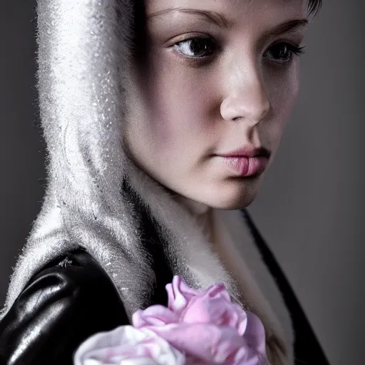 Image similar to female, beautiful, portrait, photograph, looking at viewer, silver pink black jacket,